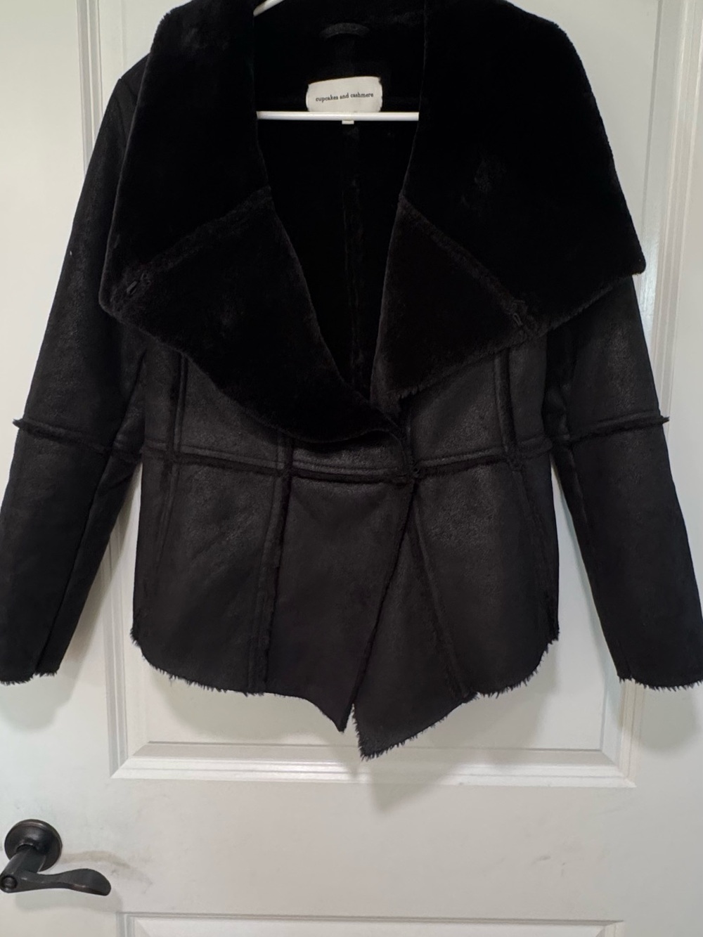 Black Moto Faux Shearling Jacket Cozy Luxe Winter Layer Women Small
